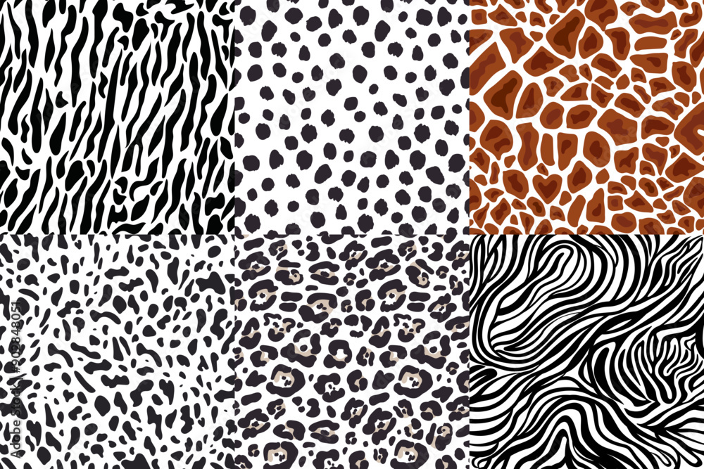 6 Wild Animal Prints. Seamless Patterns. Tiger, Leopard, Zebra, Giraffe, Hyena, Cheetah. Abstract Patterns on White Backdrop. Hand-Drawn Animal Skin Backgrounds. Vector Tiles with Wild Animal Fur. 6 Wild Animal Prints. Seamless Patterns. Tiger, Leopard, Zebra, Giraffe, Hyena, Cheetah. Abstract Patterns on White Backdrop. Hand-Drawn Animal Skin Backgrounds. Vector Tiles with Wild Animal Fur.