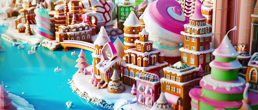 Obraz premium a decorative gingerbread city made of sweets sweets and chocolate. generative ai