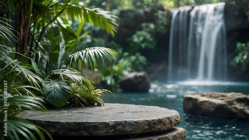 Podium for Product Placement in a Serene Environment with Waterfalls and Greenery Podium for Product Placement in a Serene Environment with Waterfalls and Greenery