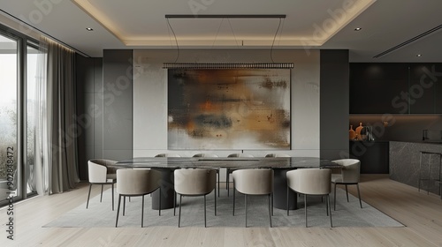 Modern dining room with sleek furniture, abstract art, and minimalist decorations.