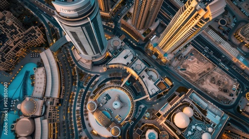 Aerial view of Dubai city center, showcasing its modern skyline and bustling city life