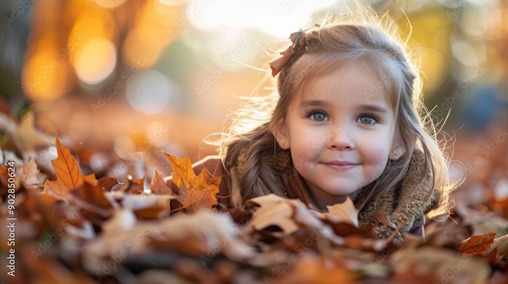 Happy blonde child girl in a brown jacket lying on autumn leaves, smiling brightly, enjoying the fall season. Happy blonde child girl in a brown jacket lying on autumn leaves, smiling brightly, enjoying the fall season.