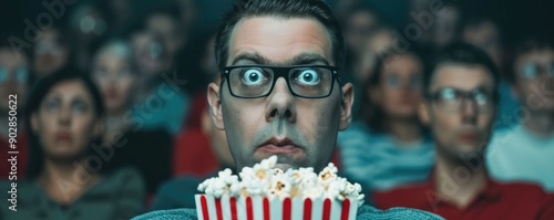 A man wearing glasses reacts with wide eyed surprise and a startled expression while watching a horror movie marathon in a crowded cinema photo