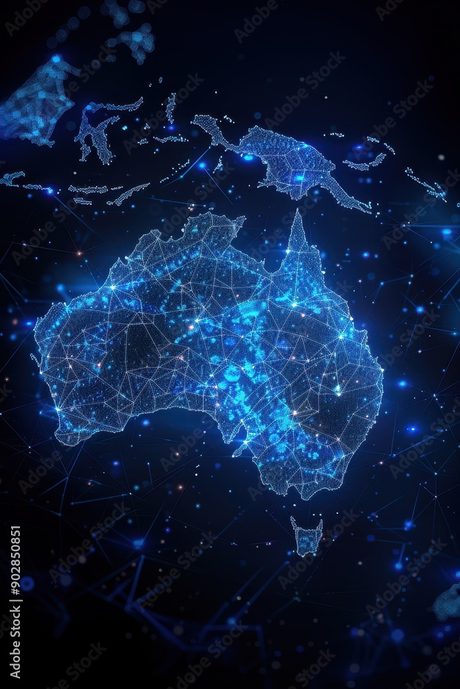 A blue and white globe with Australia in the center. The globe is made of a web of lines and dots A blue and white globe with Australia in the center. The globe is made of a web of lines and dots
