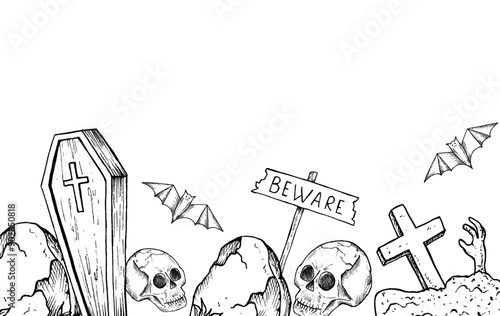 Human skull with black eyes frame. Vector zombie arms sticking out of the ground border, gravestone in a cemetery, black bat . Hand painted linear wooden coffin with a cross illustration. Graphic mono
