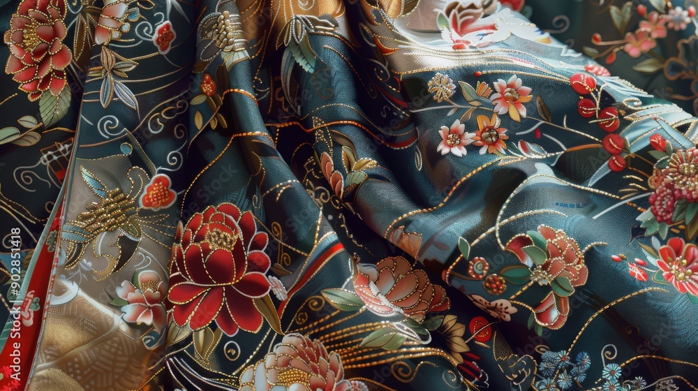 Naklejka premium A close-up view showcases the vibrant colors and elaborate floral embroidery of a traditional Japanese kimono