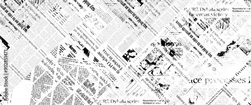 Vector white and black newspaper paper grunge vintage old aged texture with fragments of newspaper text Transparent background.