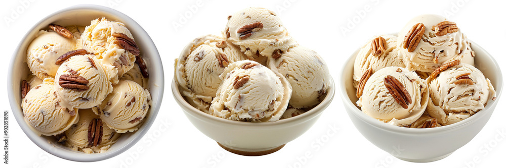 Set of butter pecan ice cream scoops arranged in a bowl isolated on transparent background Set of butter pecan ice cream scoops arranged in a bowl isolated on transparent background