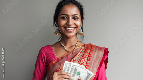 Happy indian woman wearing saree, counting currency