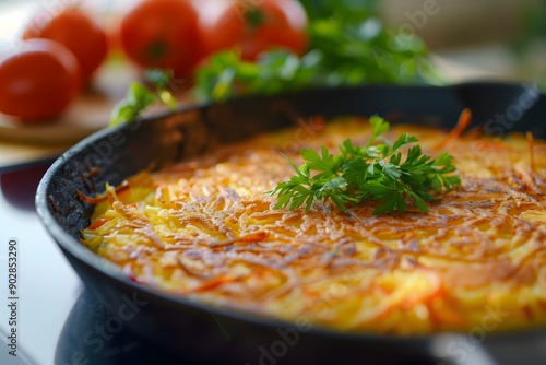 A close-up of a delicious rösti served in a pan
