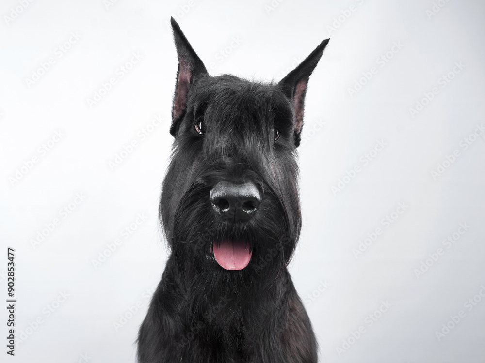 An alert Scottish Terrier stands out with its ebony fur against a stark white background, a study in contrasts. An alert Scottish Terrier stands out with its ebony fur against a stark white background, a study in contrasts.