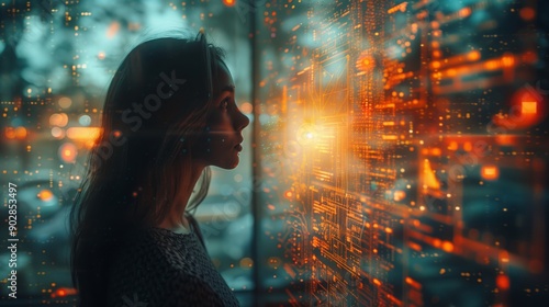 A woman stands in profile, looking out a window at a brightly lit cityscape filled with abstract patterns and glowing lights.