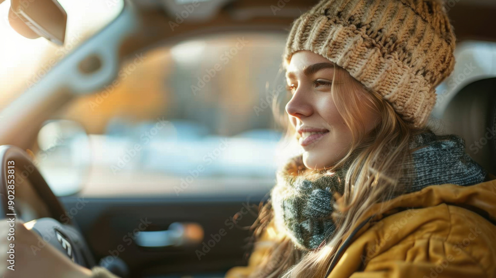 A young woman smiling while driving a car in winter, wearing a warm hat and scarf, enjoying the sunlight. A young woman smiling while driving a car in winter, wearing a warm hat and scarf, enjoying the sunlight.