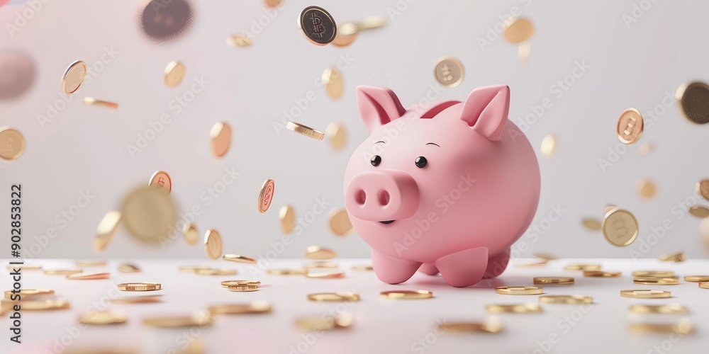 Standing 3D cute pink piggy bank. AI generation. Standing 3D cute pink piggy bank. AI generation.