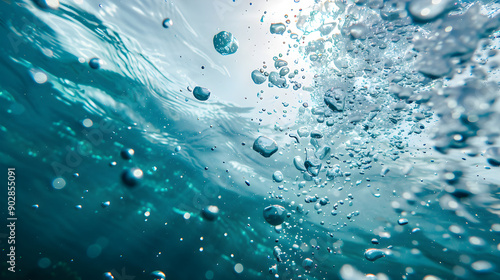 Bubbles rise through clear blue water, creating a shimmering effect. The scene captures the lively movement of aquatic life beneath the surface, showcasing the beauty of underwater photography.