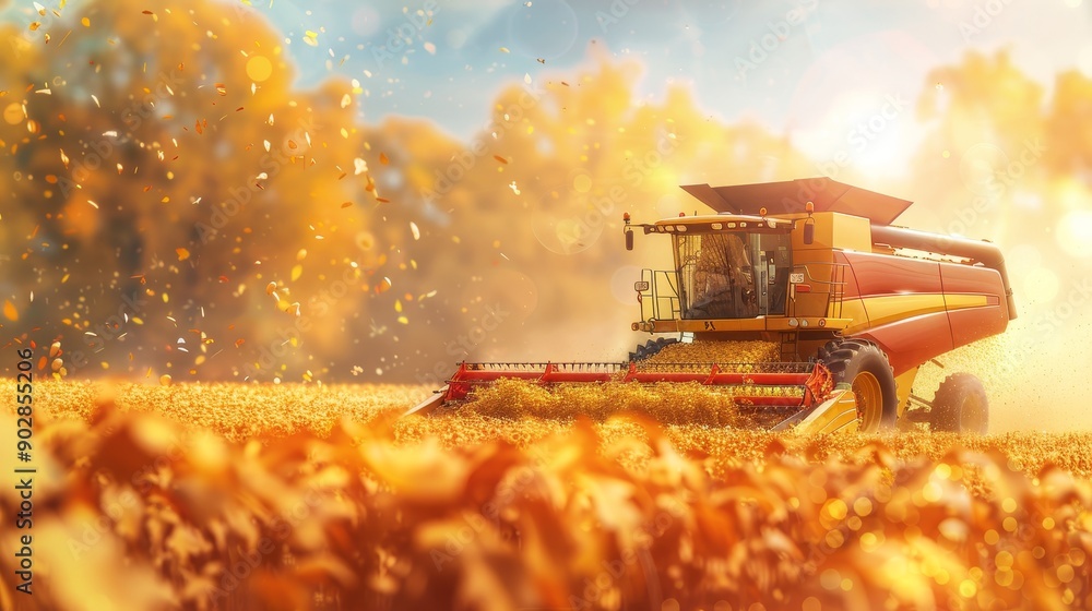 Fototapeta premium Autumn harvest realistic photo of combine harvester on a sunny day in the field
