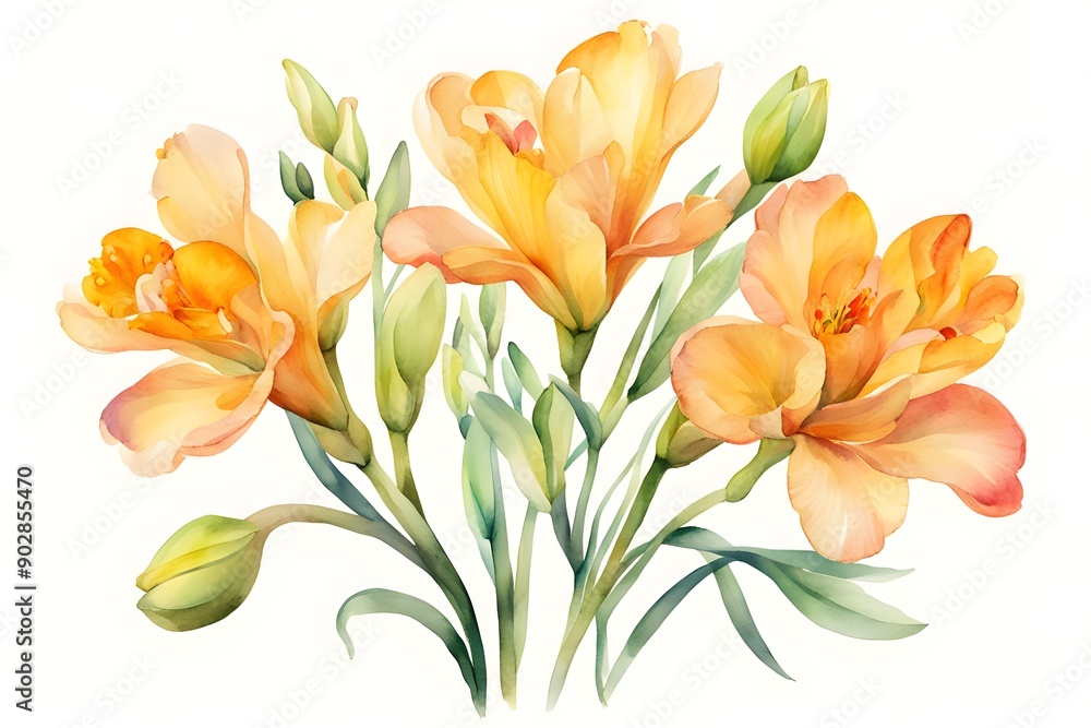 Fototapeta premium Watercolor freesias flower on white background, AI Generated