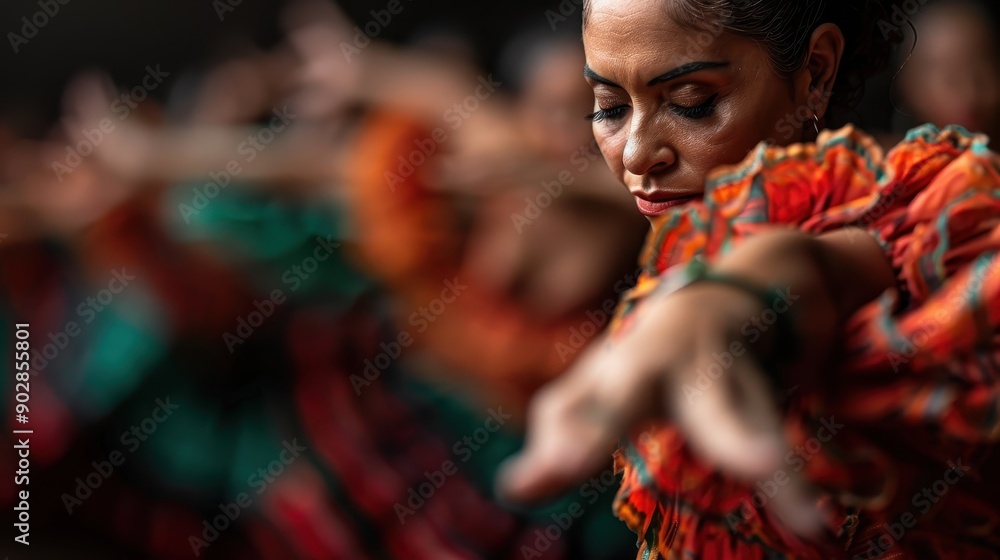 Obraz premium A focused woman in vibrant traditional costume performs a dance, her intense expression capturing dedication and cultural heritage, set against a lively backdrop.