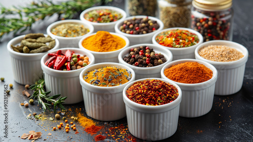 Different seasonings in cups. Spice background photo