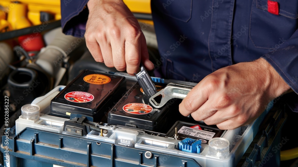 A mechanic is replacing a car battery, skillfully using a wrench to secure the connections in an auto repair shop A mechanic is replacing a car battery, skillfully using a wrench to secure the connections in an auto repair shop