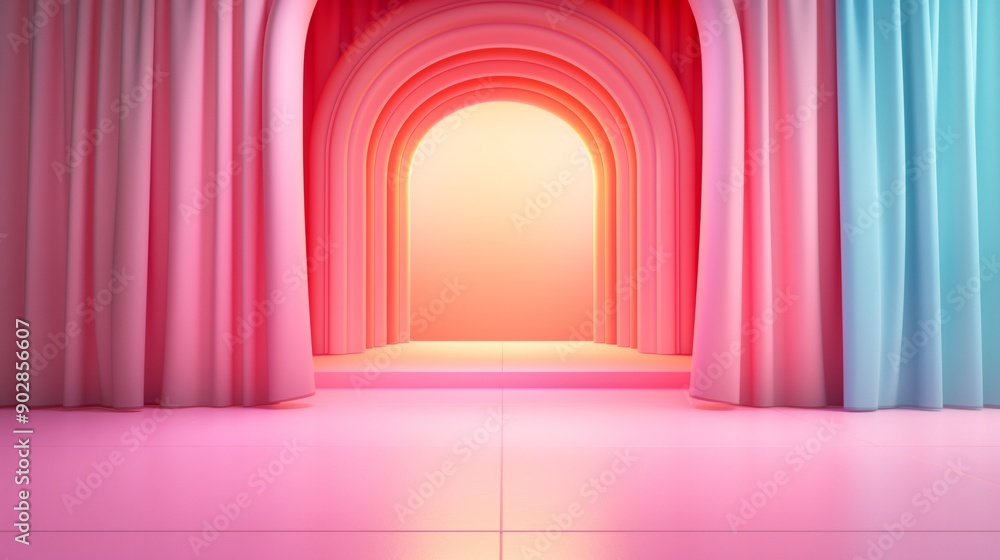 Colorful arched backdrop with soft drapes illuminating a stage for a creative event at dusk, 3d illustration. Colorful arched backdrop with soft drapes illuminating a stage for a creative event at dusk, 3d illustration.