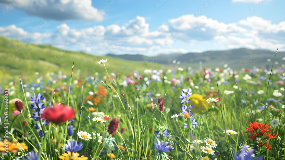 Obraz premium A vibrant meadow filled with colorful wildflowers, including red, purple, yellow, and white blooms under a bright blue sky with soft clouds and rolling green hills in the background