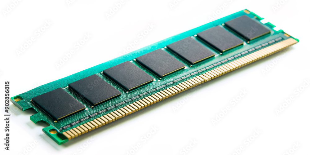 A green circuit board with multiple black chips is shown, likely representing a RAM module. The gold connectors on one side are used to interface with a computer motherboard.AI generated. A green circuit board with multiple black chips is shown, likely representing a RAM module. The gold connectors on one side are used to interface with a computer motherboard.AI generated.