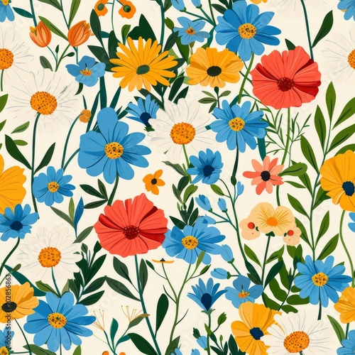 Seamless pattern with hand drawn meadow flowers. © habiburrahaman