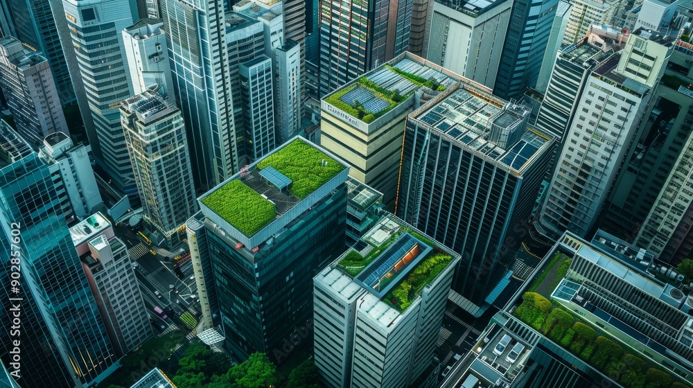 Obraz premium a view of a green roof in the middle of a busy city landscape