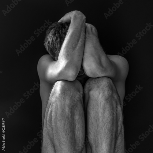 Canvas Print Man sitting in fear covering his face