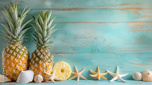 Ripe pineapple over blue wooden background. Tropical summer vacation concept photo