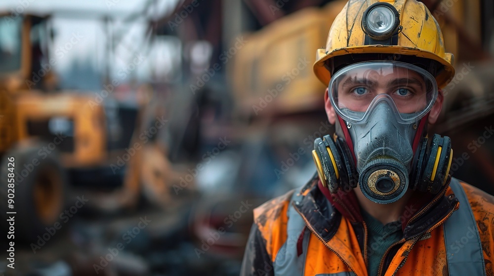 Industrial Resolve: A young construction worker, adorned in safety gear, gazes intently with a determined expression, embodying the resilience of labor amidst a rugged industrial backdrop. Industrial Resolve: A young construction worker, adorned in safety gear, gazes intently with a determined expression, embodying the resilience of labor amidst a rugged industrial backdrop.