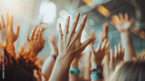 Multiple hands raised in celebration at a vibrant outdoor event, capturing the spirit of joy and communal excitement, enhanced by sunlight and the energetic atmosphere. photo