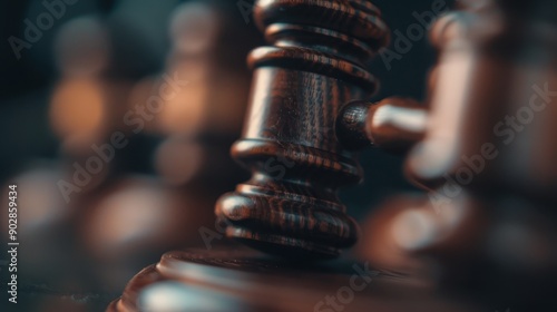 A close-up image focusing on multiple judges' gavels with a blurred background, symbolizing justice, authority, and the process of law in a formal, traditional setting.