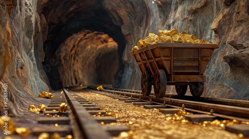 A gold mine tunnel with a mining cart on rails filled with shiny, glossy gold nuggets. refining of gold, prospecting concepts.