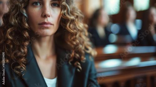 Wallpaper Mural A curly-haired woman in a formal setting is the main focus, her serious expression highlighted against a blurred background, creating a striking depth and contrast. Torontodigital.ca