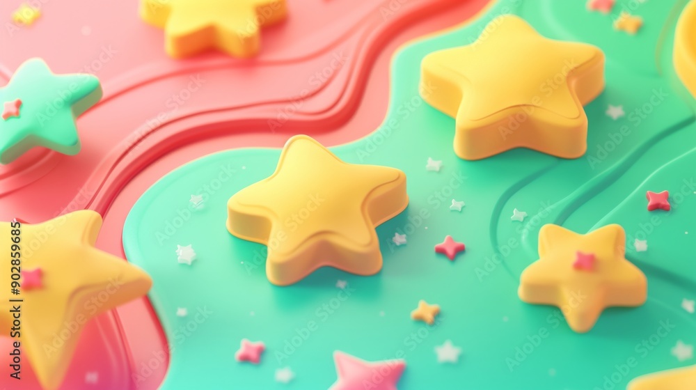 A colorful and playful abstract composition featuring large 3D stars and various shapes in bright yellow, pink, and green hues. A colorful and playful abstract composition featuring large 3D stars and various shapes in bright yellow, pink, and green hues.