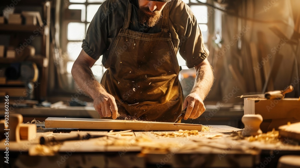A craftsman working in a workshop with natural light highlighting the wood grains A craftsman working in a workshop with natural light highlighting the wood grains