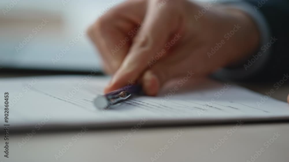 Executive hands signing document at office desk closeup. Manager filling form Executive hands signing document at office desk closeup. Manager filling form