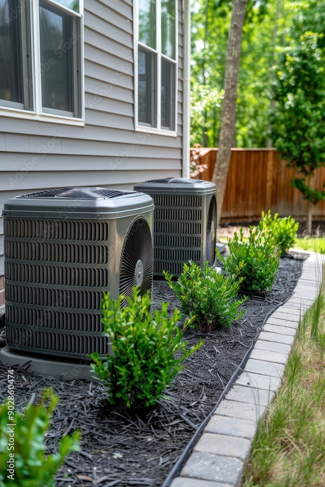 Fototapeta premium Two air conditioners are on a brick walkway next to some bushes. The bushes are trimmed and well-maintained