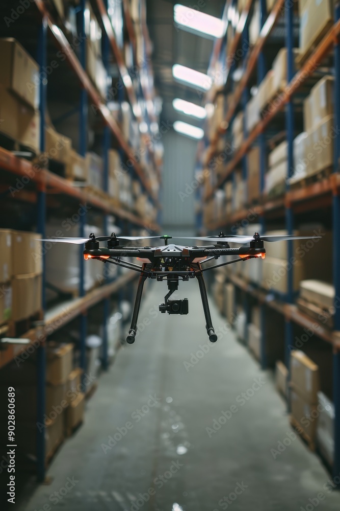 A drone is flying in a warehouse. The drone is black and white and has a green and orange tail A drone is flying in a warehouse. The drone is black and white and has a green and orange tail