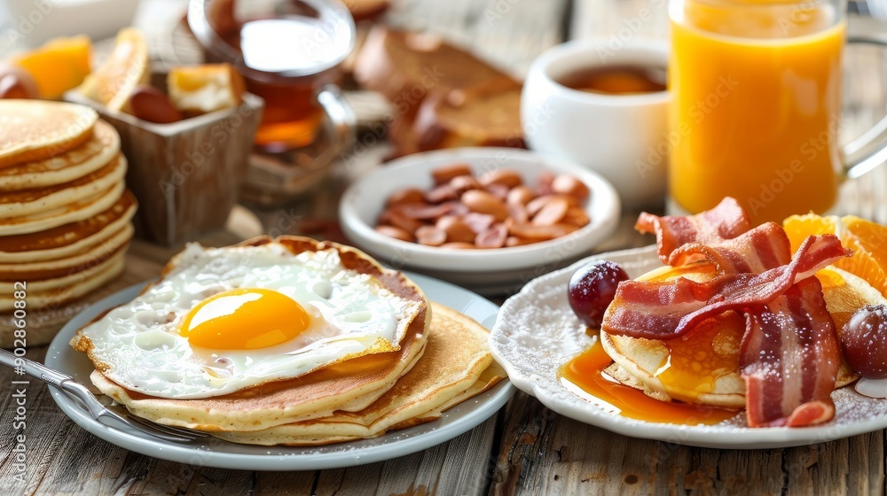 On a wooden table, a nutritious breakfast spread featuring egg, bacon, pancakes, orange juice, milk, bread, coffee, and more. On a wooden table, a nutritious breakfast spread featuring egg, bacon, pancakes, orange juice, milk, bread, coffee, and more.