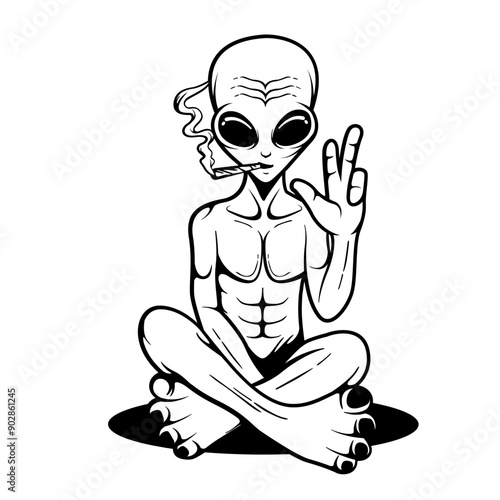 Alien Peace | Smoking Alien | Peace Sign | Alien | Smoke Weed Alien | Weed life | Alien Marijuana | UFO | Original Illustration | Vector and Clipart | Cutfile and Stencil