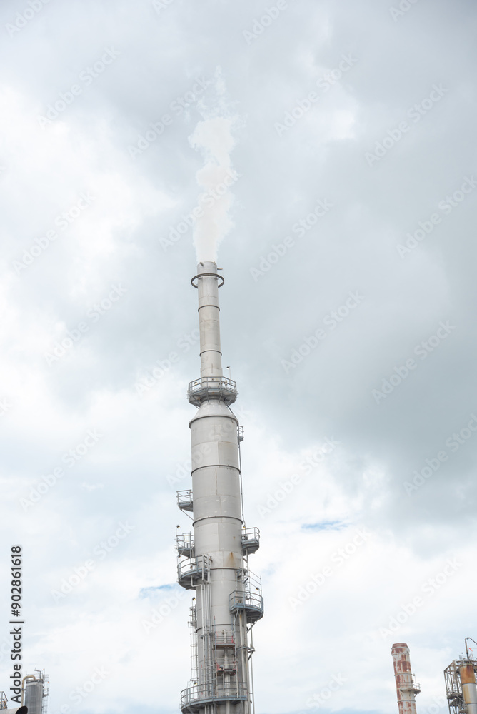 Gas flare or flare stack with clouds of exhaust fumes under overcast sky from crude oil refinery plant in San Antonio, Texas, major source of air pollutants part of refined petroleum products Gas flare or flare stack with clouds of exhaust fumes under overcast sky from crude oil refinery plant in San Antonio, Texas, major source of air pollutants part of refined petroleum products