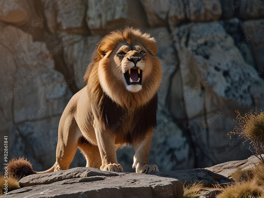 Obraz premium a lion roaring over a cliff