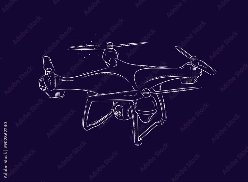 Quadcopter for photo and video shooting drawn in white on blue background