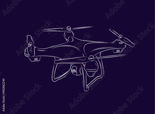Obraz na płótnie Quadcopter for photo and video shooting drawn in white on blue background w salonie
