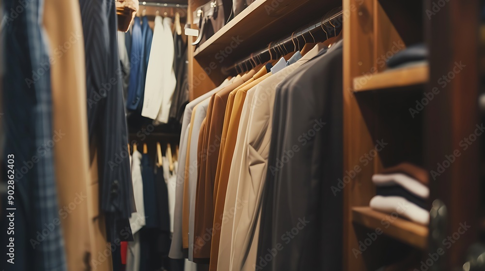 High end clothes hung up in a walk in closet