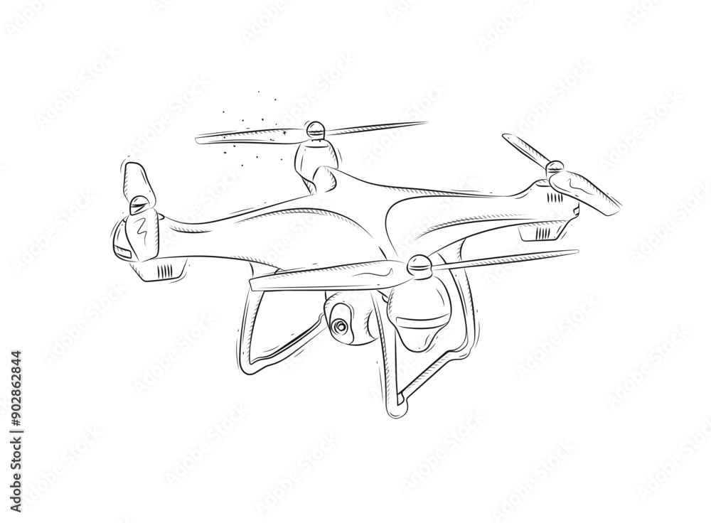 Quadcopter for photo and video shooting drawn in black on white background