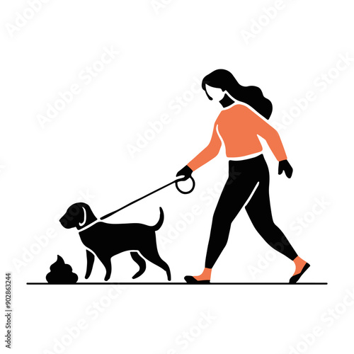 A woman is walking her dog on a leash, which is standing near a pile of poop. Vector minimalistic illustration with silhouette of a man and a pet